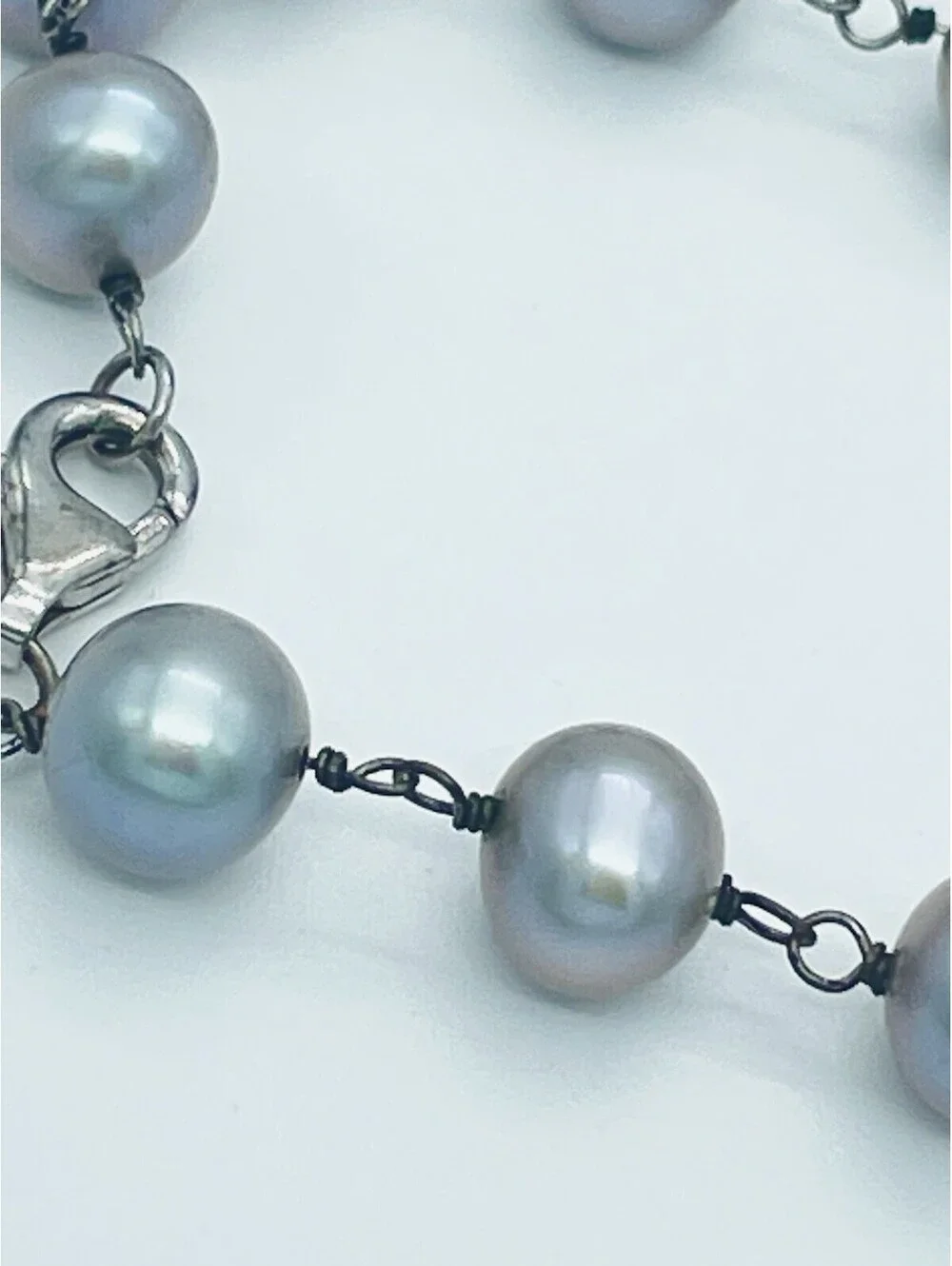 Gray Cultured Pearl Station Link Bracelet Sterling Silver 925 Peacock Luster